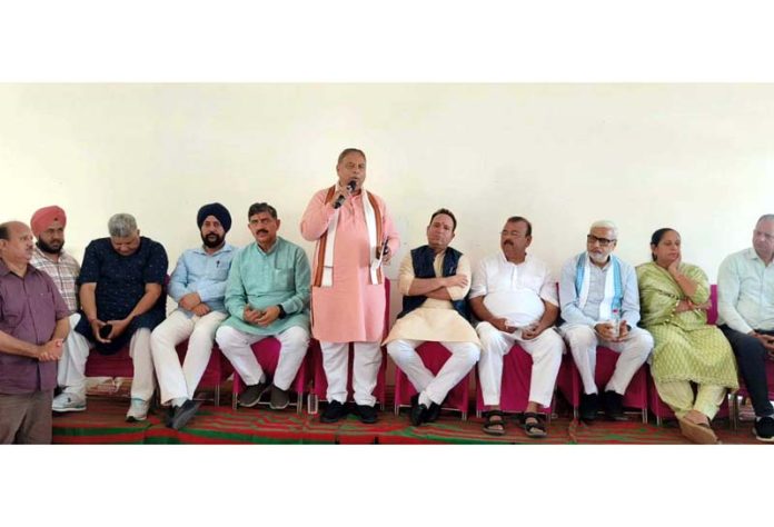 BJP president Sat Sharma addressing a meeting at Samba on Friday.