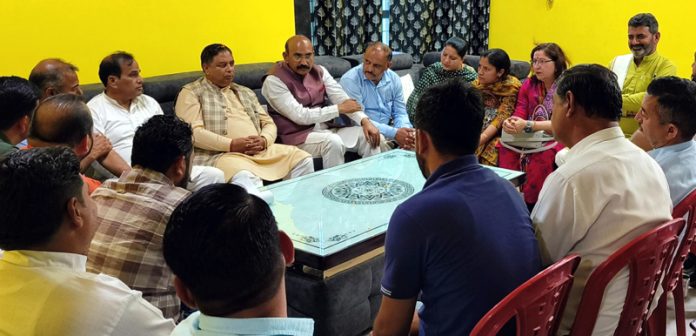 BJP leaders at a party meeting at Akhnoor on Tuesday.