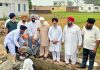 Congress leader, Taranjit Singh Tony along with others laying foundation stone of a Gurudwara at village Seer in Suchetgarh.