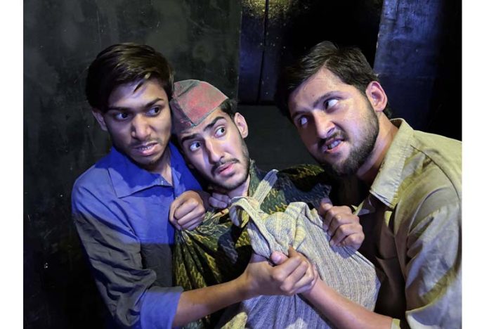 A scene from the play ‘Topian’ being staged in Jammu on Sunday.