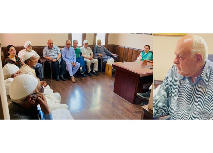 NC president Dr Farooq Abdullah addressing a public delegation at party headquarters, Nawa-e-Subha, Srinagar. NC president Dr Farooq Abdullah addressing a public delegation at party headquarters, Nawa-e-Subha, Srinagar.