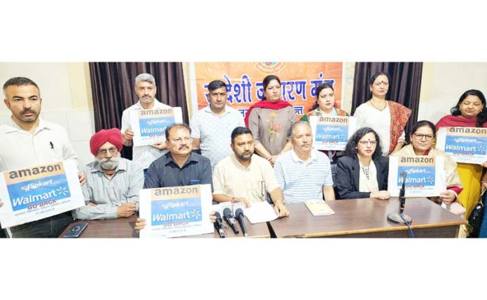 Representatives of Swadeshi Jagran Manch at a press conference at Jammu on Friday. -Excelsior/Rakesh
