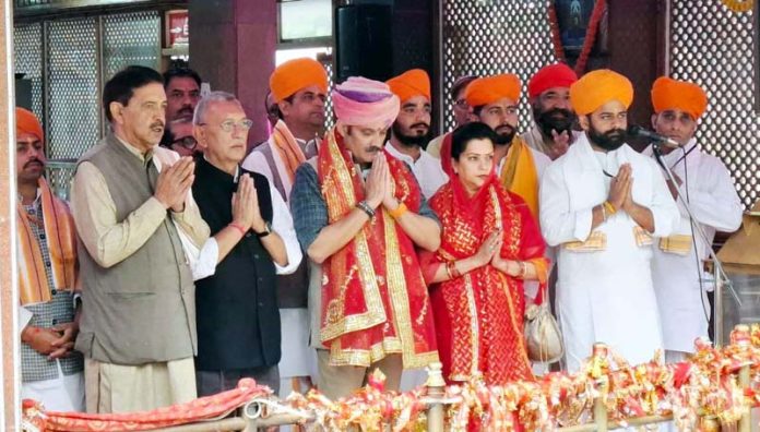 Vikramaditya Singh performing prayers at Mata Kheer Bhawani Temple in Ganderbal on Friday.