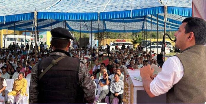 R S Pathania addressing a gathering at Government Higher Secondary School, Tikri on Thursday.