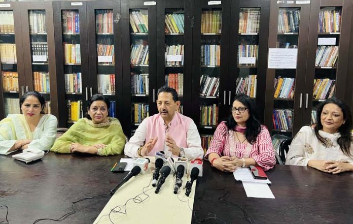 Former Deputy Mayor Baldev Singh Billawaria addressing a press conference in Jammu.