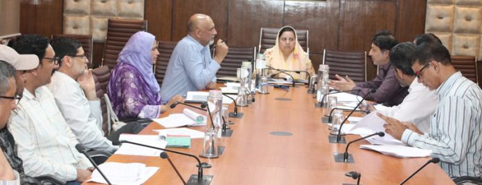 Sakeena Itoo chairing a meeting at Civil Secretariat in Srinagar on Monday.