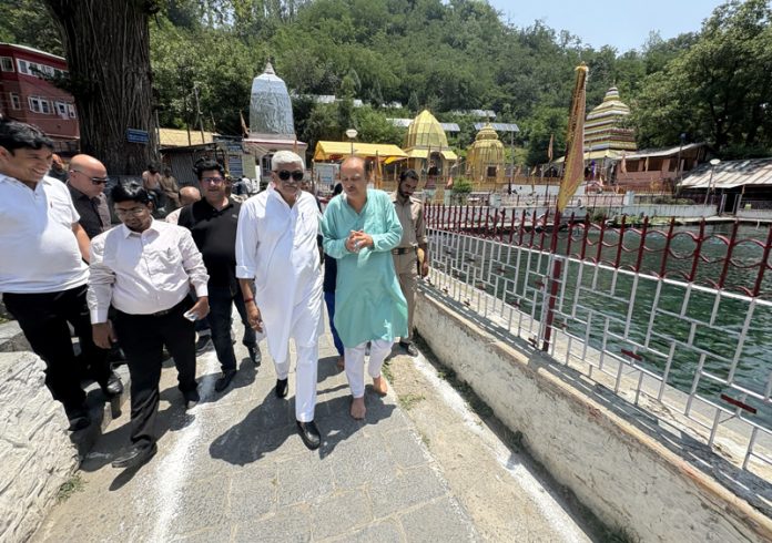 Union Minister for Tourism Gajendra Singh Shekhawat during a visit to Sun temple at Mattan, Anantnag. -Excelsior/Sajad Dar