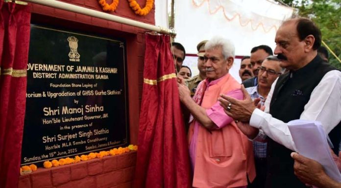 Lt Governor laying foundation stone of auditorium for GHSS Gurha Slathia on Sunday.