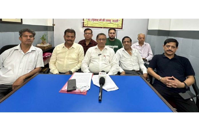 Members of Shri Raghunath Ji Corridor Vikas Council addressing a press conference in Jammu.