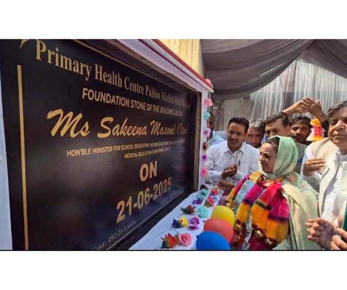 Minister Sakeena Itoo laying the foundation stone of a PHC on Saturday. Minister Sakeena Itoo laying the foundation stone of a PHC on Saturday.
