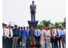 Dignitaries from JKESL and Army near Brig Rajinder Singh’s statue after paying floral tribute to the brave officer in Jammu on Saturday.