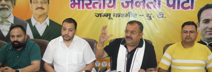 Vikram Randhawa addressing press conference at BJP headquarters in Jammu on Saturday.