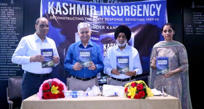 Dignitaries during the launch of Col Yoginder Kandhari's book at Chandigarh Press Club on Saturday.