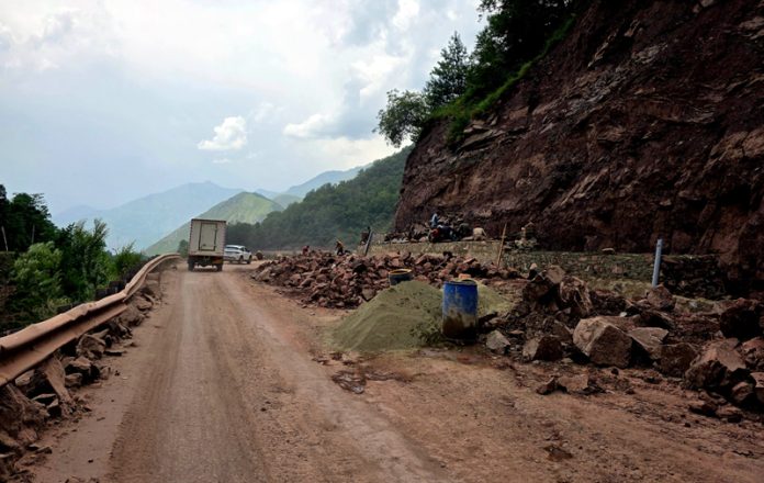 A view of a dilapidated road in the Lagama area on the Delina-Uri stretch in north Kashmir’s Baramulla district. -Excelsior/Aabid Nabi