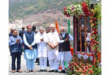 Prime Minister Narendra Modi inaugurating the world's highest railway bridge over the Chenab river, in Reasi on Friday. (UNI)