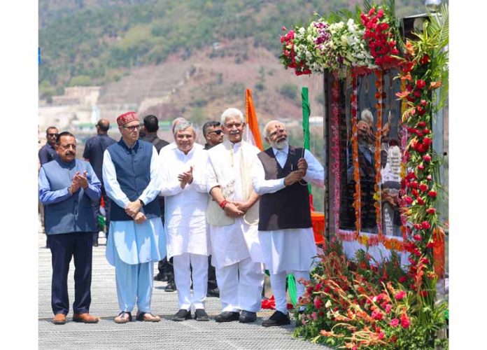 Prime Minister Narendra Modi inaugurating the world's highest railway bridge over the Chenab river, in Reasi on Friday. (UNI)
