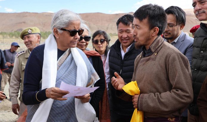 Union Finance Minisater Nirmala Sitharaman meeting people at Hanle in Leh on Monday.
