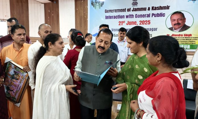 Union Minister Dr Jitendra Singh meeting with delegations during Public Darbar at Ramnagar on Saturday.
