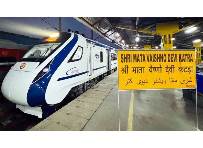 Vande Bharat train at Shri Mata Vaishno Devi Katra station. Vande Bharat train at Shri Mata Vaishno Devi Katra station.