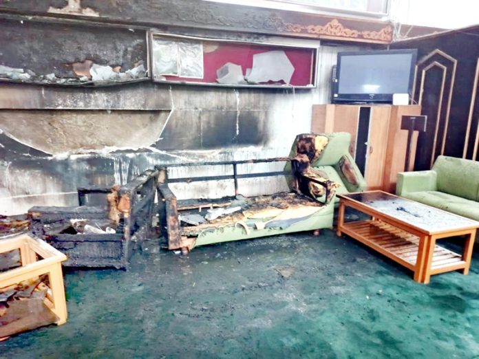 A view of the fire-ravaged chairs, sofas and portraits in the Legislative Assembly in Jammu. A view of the fire-ravaged chairs, sofas and portraits in the Legislative Assembly in Jammu.