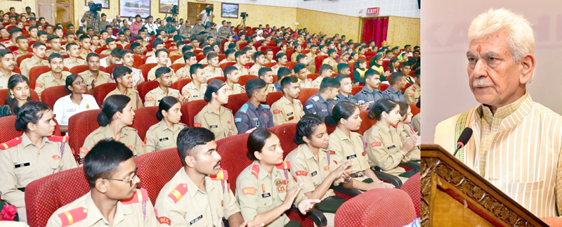 LG Manoj Sinha addressing the NCC cadets in Srinagar on Friday.