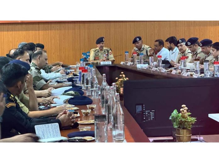 DGP Nalin Prabhat chairing a meeting at Convention Centre in Jammu on Saturday.