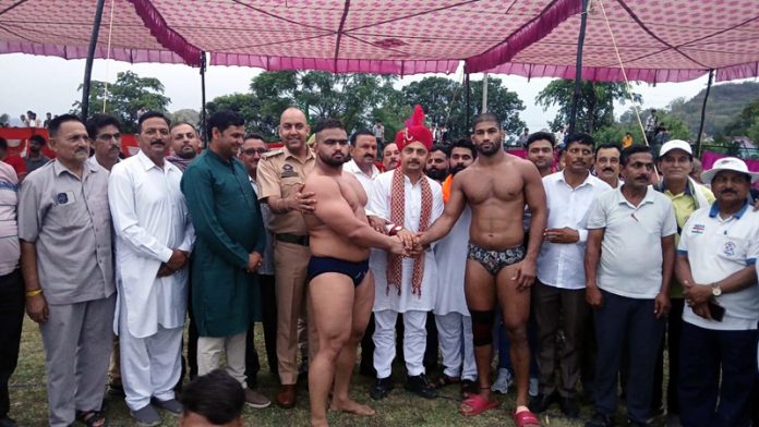 MLA Udhampur East, Ranbir Singh Pathania posing along with wrestlers at Udhampur.