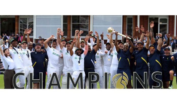 South African Cricket team celebrating historic victory against Australia in World Test Championship in London on Saturday.