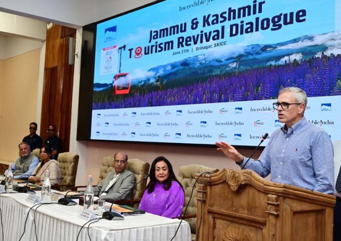 CM Omar Abdullah addressing a function jointly organised by FICCI and Deptt of Tourism on Friday.
