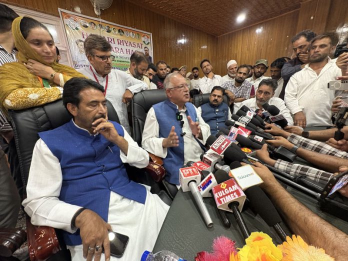 JKPCC chief Tariq Hameed Karra addressing a press conference at Kulgam on Saturday. -Excelsior/Sajad Dar