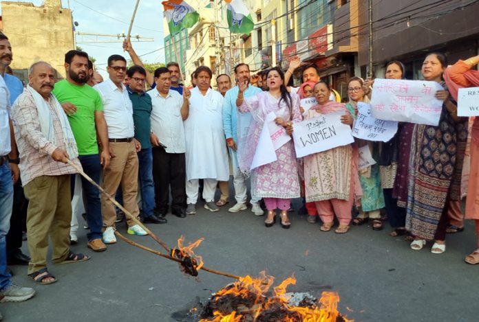 Cong leaders and workers staging protest against BJP MLA in Jammu on Wednesday. -Excelsior/Rakesh