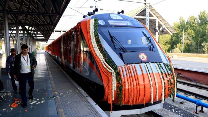 Vande Bharat train at Nowgam Railway Station in Srinagar, all set to be flagged off by Prime Minister Narendra Modi. -Excelsior/Shakeel
