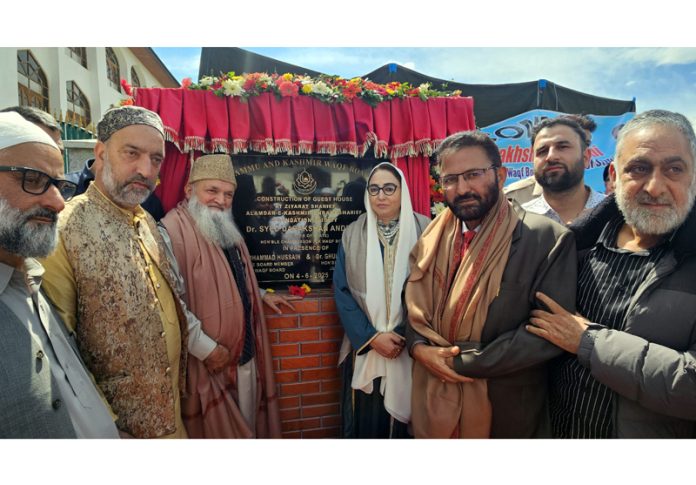 Dr Darakhshan Andrabi laying foundation stone of Guest House at Chrar-e-Sharief on Wednesday.