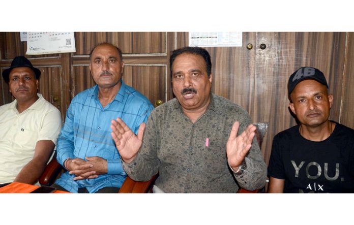 BMS and KMU leaders during a press conference at Jammu. -Excelsior/Rakesh