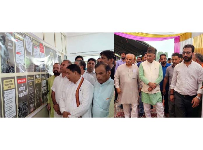 BJP leaders visiting exhibition on Emergency era at Jammu (left) and Srinagar (right).