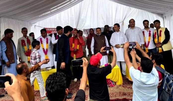 Apni party leader, Altaf Bukhari addressing party convention at Shopian in Kashmir. Apni party leader, Altaf Bukhari addressing party convention at Shopian in Kashmir.