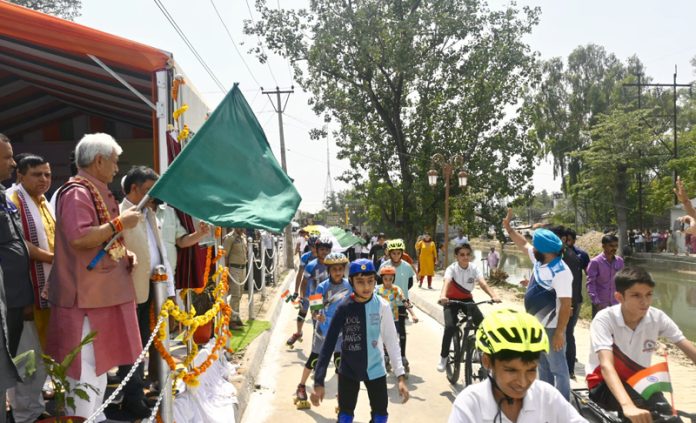 LG Manoj Sinha flagging off Bicycle Rally at Kathua on Sunday.