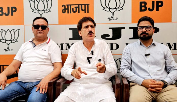 BJP leaders during a press conference at party headquarters in Srinagar on Tuesday. — Excelsior/Shakeel
