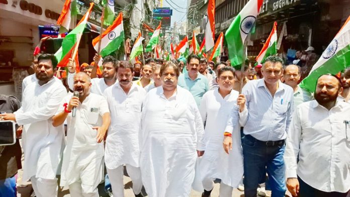 JKPCC working president, Raman Bhalla leading ‘Jai Hind Yatra’ at Katra on Tuesday. JKPCC working president, Raman Bhalla leading ‘Jai Hind Yatra’ at Katra on Tuesday.