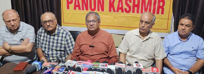 Panun Kashmir leaders addressing a press conference at Jammu on Tuesday. — Excelsior/Rakesh