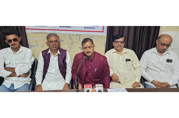 Office bearers of Sarv Shakti Chandi Maa Mindal Sanstha addressing a press conference at Jammu on Tuesday. -Excelsior/Rakesh