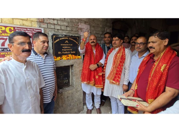 MLA Yudhvir Sethi inaugurating developmental work at Gali Agnihotri in Jammu on Monday.