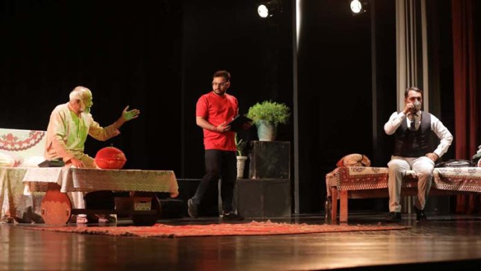 A scene from the play ‘Galat Vyakaran’ being staged at Jammu on Sunday.