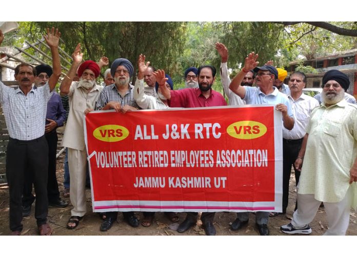 VRS given JKRTC employees staging protest near Press Club in Jammu on Saturday. -Excelsior/ Rakesh