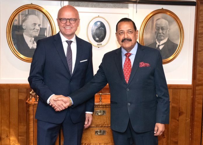 Union Minister Dr Jitendra Singh and Vidar Helgesen, Executive Secretary of the Intergovernmental Oceanographic Commission (IOC) of UNESCO, formally greeting each other before holding bilateral discussions at Nice, France on Monday.