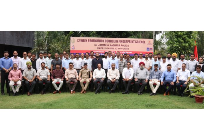 Officers posing for a group photograph on completion of a training programme on fingerprint science at DPL Jammu on Friday.