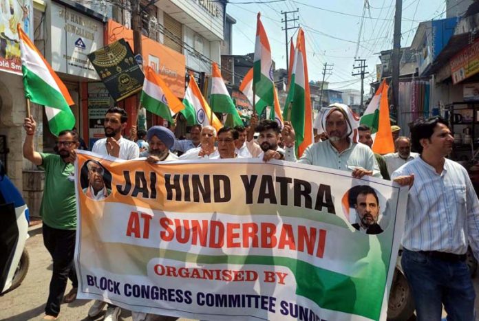 Cong leaders and workers taking out ‘Jai Hind Yatra’ at Sunderbani in Rajouri on Wednesday. Cong leaders and workers taking out ‘Jai Hind Yatra’ at Sunderbani in Rajouri on Wednesday.