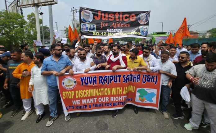 Member of YRS protesting at Jammu on Monday. — Excelsior/Rakesh