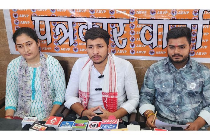 Sannak Shrivats, state secretary, ABVP addressing a press conference in Jammu. —Excelsior/Rakesh Sannak Shrivats, state secretary, ABVP addressing a press conference in Jammu. —Excelsior/Rakesh