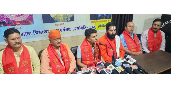 Members of Shri Hudh Mata Trisandhiya Yatra Sub-Committee addressing a press conference at Jammu on Saturday. -Excelsior/Rakesh